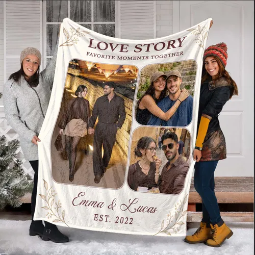 Personalized Love Story Couple Photo Blanket – Custom 3 Picture Collage Fleece Throw with Names, Anniversary Gift