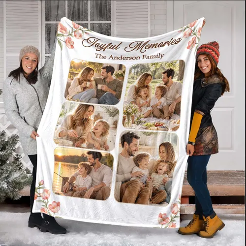 Personalized Joyful Memories Family Photo Blanket – Custom 5 Picture Floral Collage Fleece Throw, Christmas Gift for Mom