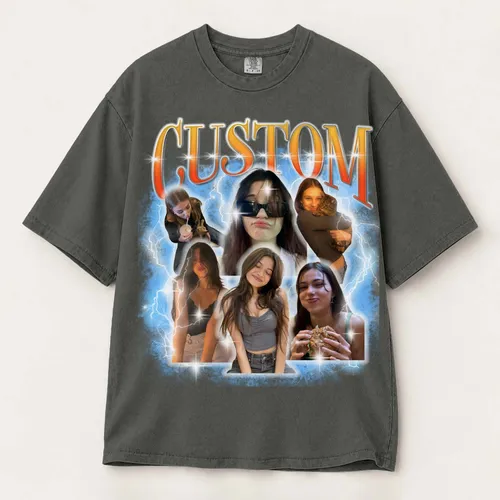 Personalized Bootleg Tee – Custom Photos & Name, Y2K Chrome Lightning Photo Collage Birthday Gift