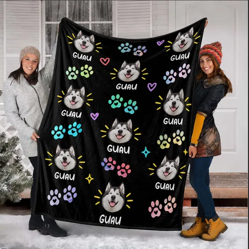 Personalized Dog Face Photo Blanket – Custom Pet Name Fleece Throw with Colorful Paw Prints, Christmas Gift for Dog Mom