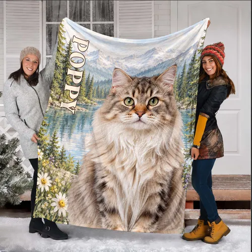 Personalized Mountain Lake Cat Portrait Blanket – Custom Pet Photo Fleece Throw with Name, Christmas Gift for Cat Lover