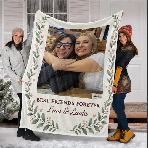 Personalized Best Friends Forever Photo Blanket – Custom Picture Fleece Throw with Names, Christmas Gift for Best Friend