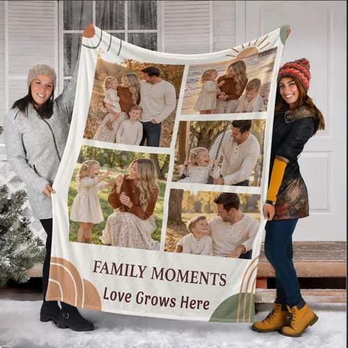 Personalized Family Moments Photo Collage Blanket – Custom 5 Picture Fleece Throw with Text, Christmas Gift for Family