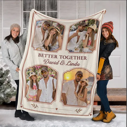 Personalized Vintage Frame Couple Photo Blanket – Custom 4 Picture Fleece Throw with Names, Anniversary Gift for Wife
