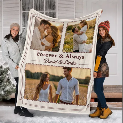 Personalized Forever & Always Couple Photo Blanket – Custom 3 Picture Fleece Throw with Names, Anniversary Gift