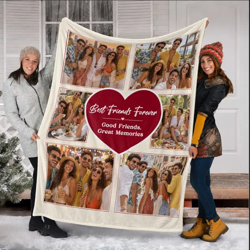 Personalized Red Heart Friends Photo Collage Blanket – Custom 6 Picture Fleece Throw, Christmas Friendship Gift for Her