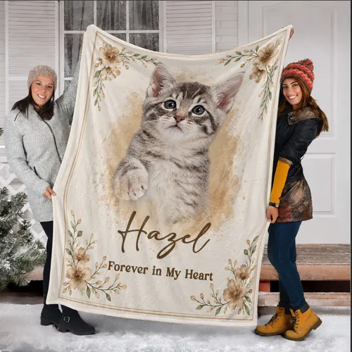 Personalized Watercolor Pet Memorial Blanket – Custom Pet Photo Fleece Throw with Name, Sympathy Gift for Pet Loss