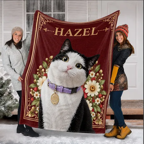 Personalized Burgundy Floral Cat Portrait Blanket – Custom Pet Photo Fleece Throw with Name, Christmas Gift for Cat Mom