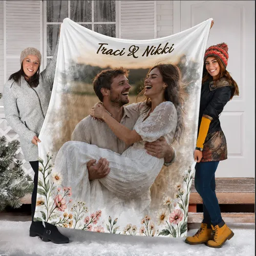 Personalized Watercolor Couple Photo Blanket – Custom Picture Fleece Throw with Names, Anniversary Gift for Her