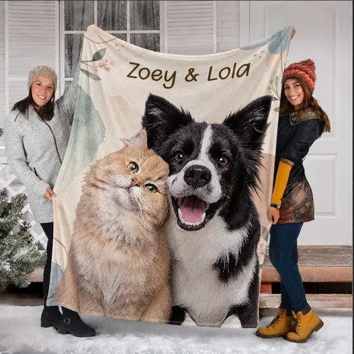 Personalized Pet Duo Watercolor Portrait Blanket – Custom Dog Cat Photo Fleece Throw with Names, Gift for Pet Lovers
