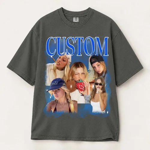 Personalized Bootleg Tee – Custom Photos & Name, Y2K Chrome Smoke Cloud Photo Collage Birthday Gift