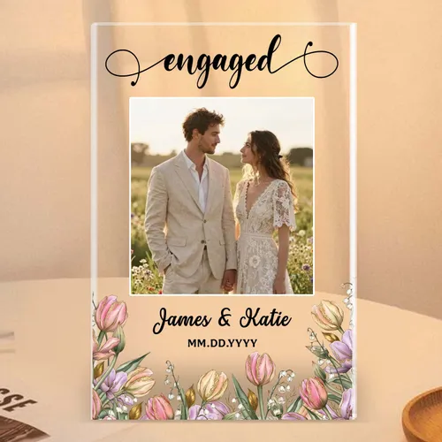 Personalized Floral Engaged Photo Acrylic Plaque – Custom Couple Names & Date Keepsake for Fiancé, Christmas Gift