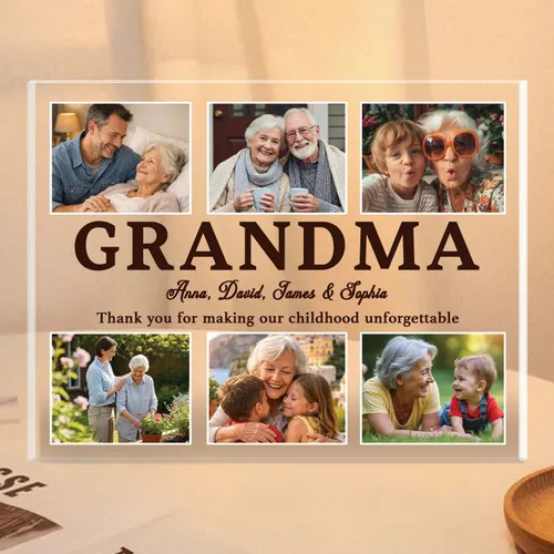 Personalized Grandma Photo Collage Acrylic Plaque – Custom 6 Photo Grandkids Names Keepsake for Nana, Christmas Gift