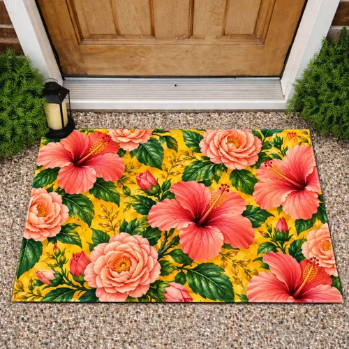 Coral Hibiscus And Peach Roses For Cheerful Cottage Garden Entryways Doormat