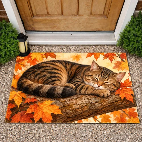 Sleeping Tabby Cat Beneath Autumn Maple Leaves for Cozy Fall Entryway Seasonal Charm Doormat