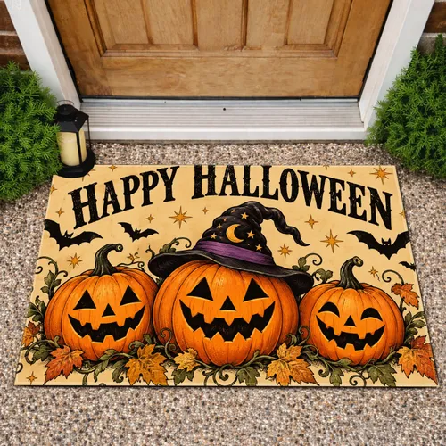 Three Jack-O'-Lanterns With Witch Hat for Spooky Halloween Seasonal Entry Decor Doormat