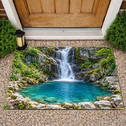 Natural Waterfall and Turquoise Pool Scenery for Serene Nature-Inspired Home Living Doormat