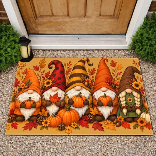 Autumn Gnome Gathering With Pumpkins And Leaves For Cozy Fall Entryway Decor Doormat