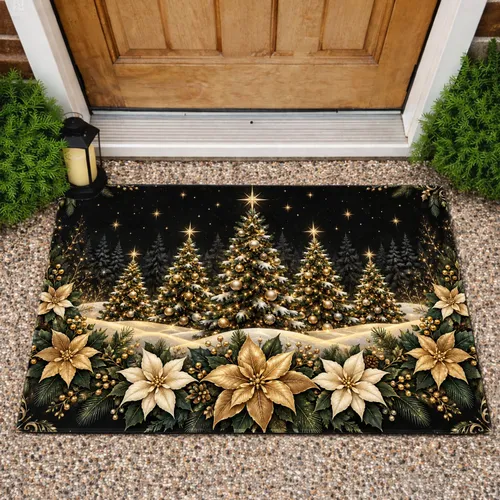 Golden Christmas Trees and Poinsettias for Elegant Holiday Season Home Decor Style Doormat