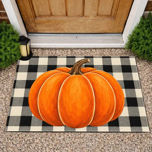 Orange Pumpkin on Black Ivory Buffalo Check for Cozy Autumn Entryway Seasonal Decor Doormat