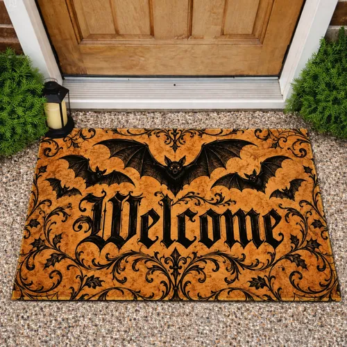 Gothic Bat Welcome Scene for Halloween Entryways and Spooky Seasonal Home Decor Doormat