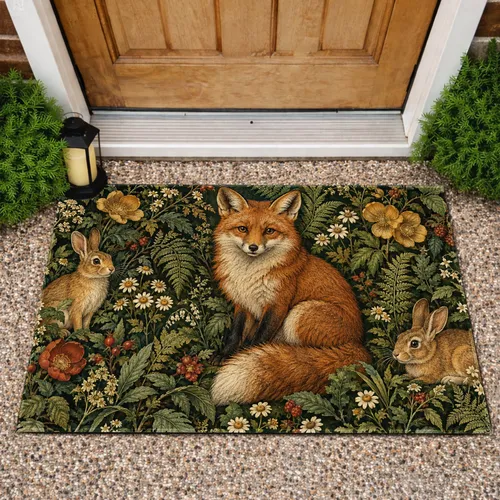 Red Fox and Woodland Rabbits for Cozy Cottage Entryways and Nature-Loving Home Decor Doormat