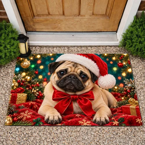 Santa Hat Pug and Festive Lights for Christmas Cheer in Cozy Homes and Pet Lovers Doormat