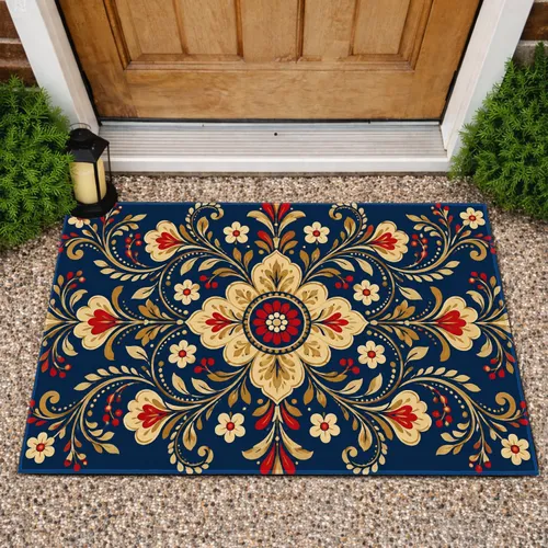 Navy Blue Folk Floral Medallion for a Warm, Welcoming Entryway and Cozy Home Style Doormat