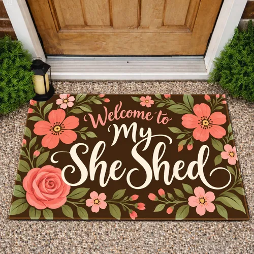 Floral She Shed Script and Rose Motifs for a Cozy Garden Retreat Welcome Doormat