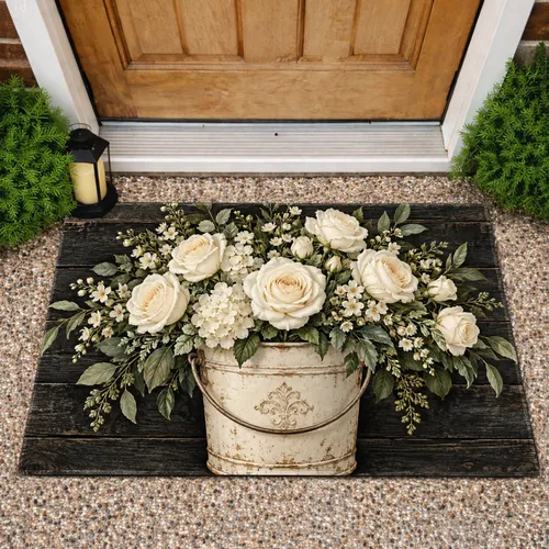 White Rose Bouquet in Vintage Iron Bucket for Farmhouse Entryway and Cottage Home Doormat