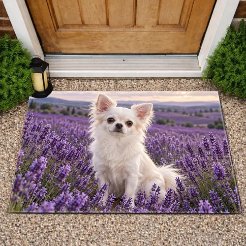 White Chihuahua in Lavender Fields for Peaceful Cottage Living and Pet Lover Homes Doormat