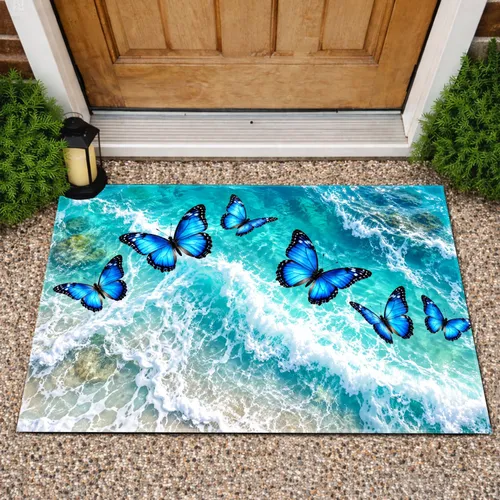Vivid Blue Butterfly Ocean Waves for Coastal Summer Home Style and Nature Lovers Doormat