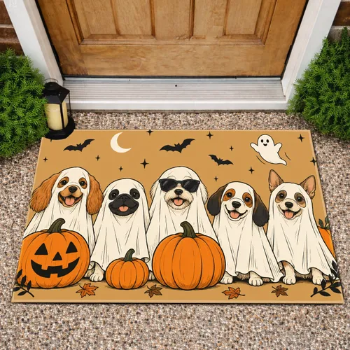 Five Costume-Wearing Dogs with Pumpkins for a Playful Halloween Home Seasonal Charm Doormat