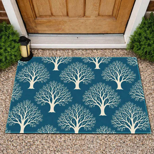 Ivory Tree Silhouettes on Deep Teal for Calm Nature-Inspired Entryways and Cozy Homes Doormat