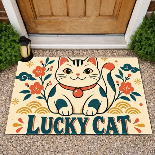 Lucky Cat Retro Charm for Good Fortune and Cheerful Entryway Style for Cat Lovers Doormat