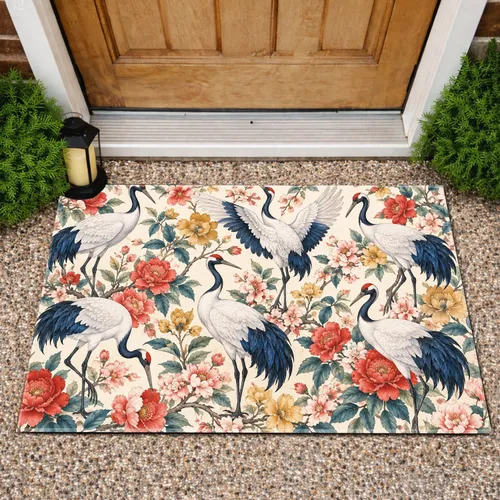 Red-Crowned Crane and Blossom Birds for Serene Nature-Inspired Home Entryway Style Doormat