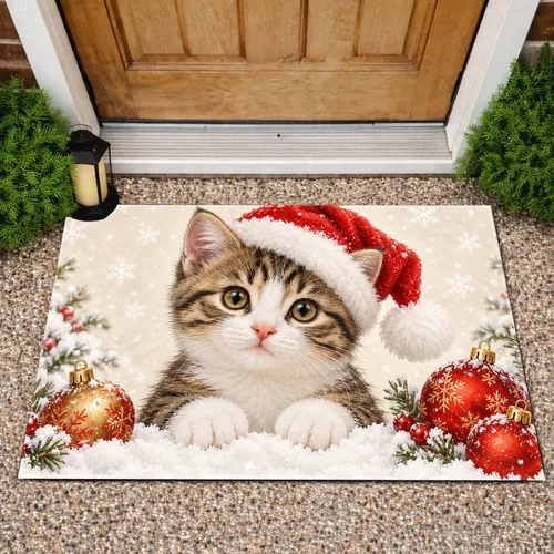 Wide-Eyed Santa Hat Kitten With Snowy Christmas Ornaments For Cozy Holiday Home Decor Doormat