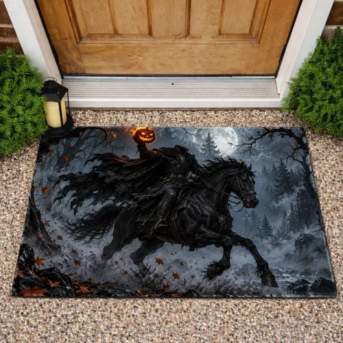 Headless Horseman and Pumpkin Flame in Moonlit Forest for Halloween Gothic Decor Doormat