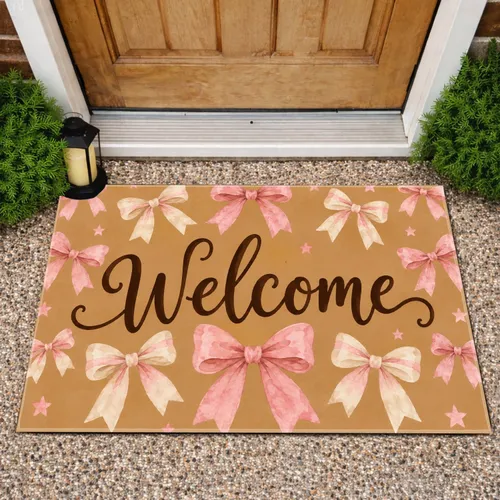 Pink Bow Welcome Lettering for a Sweet, Charming Entryway Style for Bow Lovers at Home Doormat