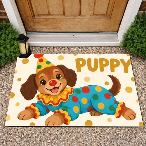 Clown Puppy in Polka-Dot Costume for Cheerful Party Celebrations and Happy Dog Lovers Doormat
