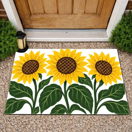 Three Sunflower Garden Blooms for Cheerful Farmhouse Entryway and Cottage Living Style Doormat