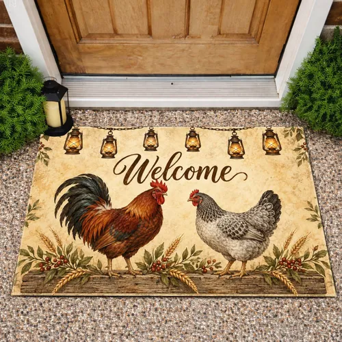 Rustic Rooster And Hen With Vintage Lanterns For Cozy Country Farmhouse Entryway Doormat
