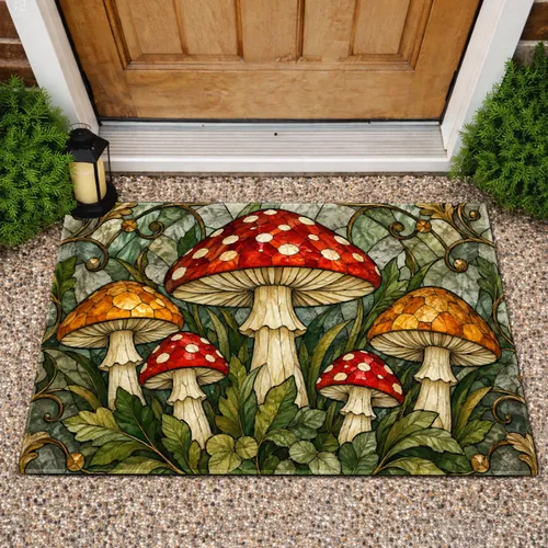 Red Mushroom Stained Glass Woodland Scene for Whimsical Cottage Entryways and Nature Lovers Doormat