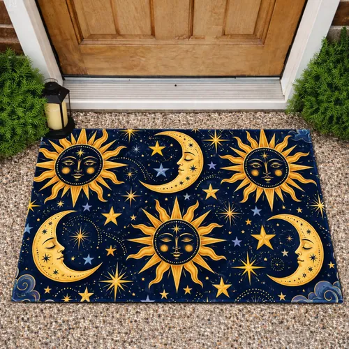 Golden Sun Moon And Stars Celestial Night Sky For Dreamy Home Entryways Doormat