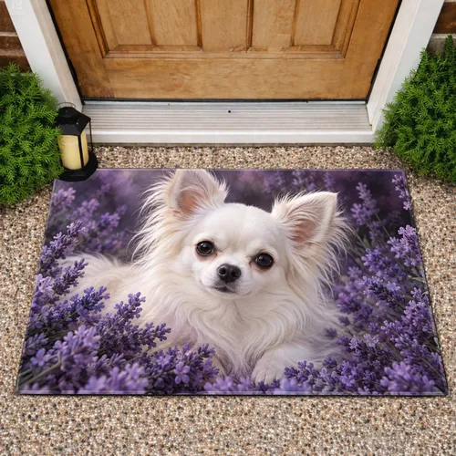White Long-Haired Chihuahua Amid Purple Lavender Blooms for Pet-Loving Home Entryways Doormat