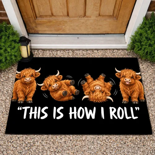 Playful Highland Cow Rolling Sequence for Rustic Farmhouse Entryway Everyday Charm Doormat