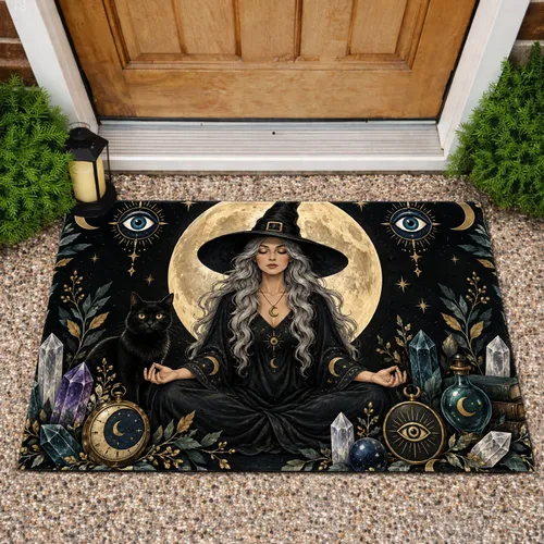 Moonlit Witch And Mystic Crystals For Halloween Season And Spiritual Home Decor Doormat