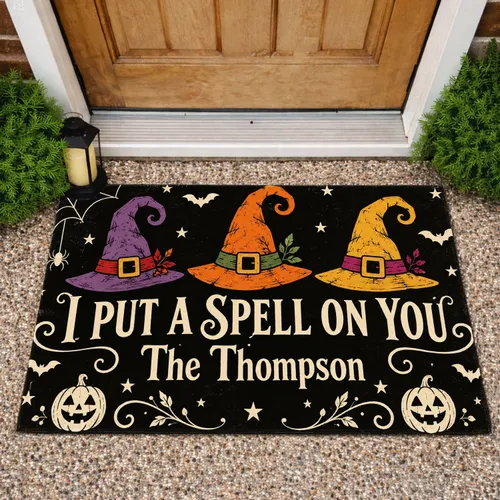 Halloween Witch Hats and Pumpkins for Spooky Autumn Entryway and Seasonal Decor Home Doormat