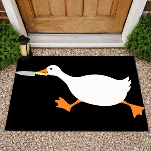 Funny White Duck Holding a Knife for Quirky Kitchen and Entryway Decor and Duck Lover Gifts Doormat