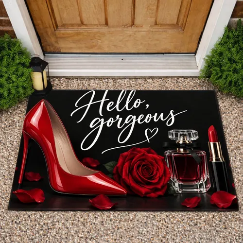 Red Stiletto, Lipstick, Perfume And Rose Glamour For Chic Beauty Lovers And Stylish Homes Doormat